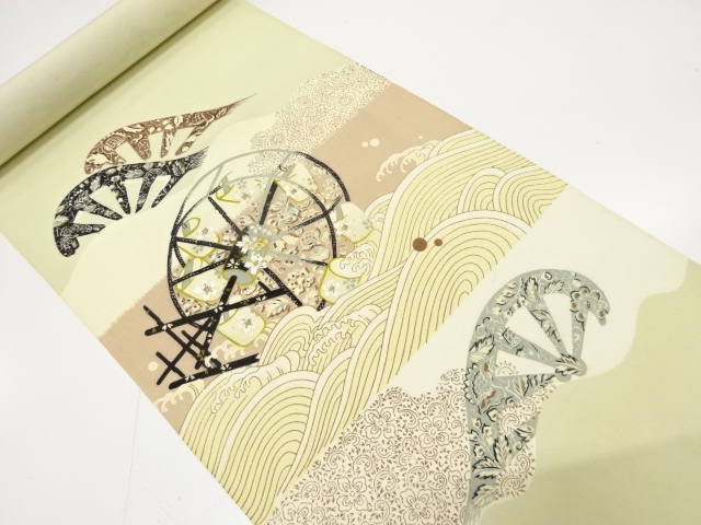 JAPANESE KIMONO / ANTIQUE BOLT FOR OBI / SILK / EMBROIDERY / TSUCHIGURUMA PATTERN